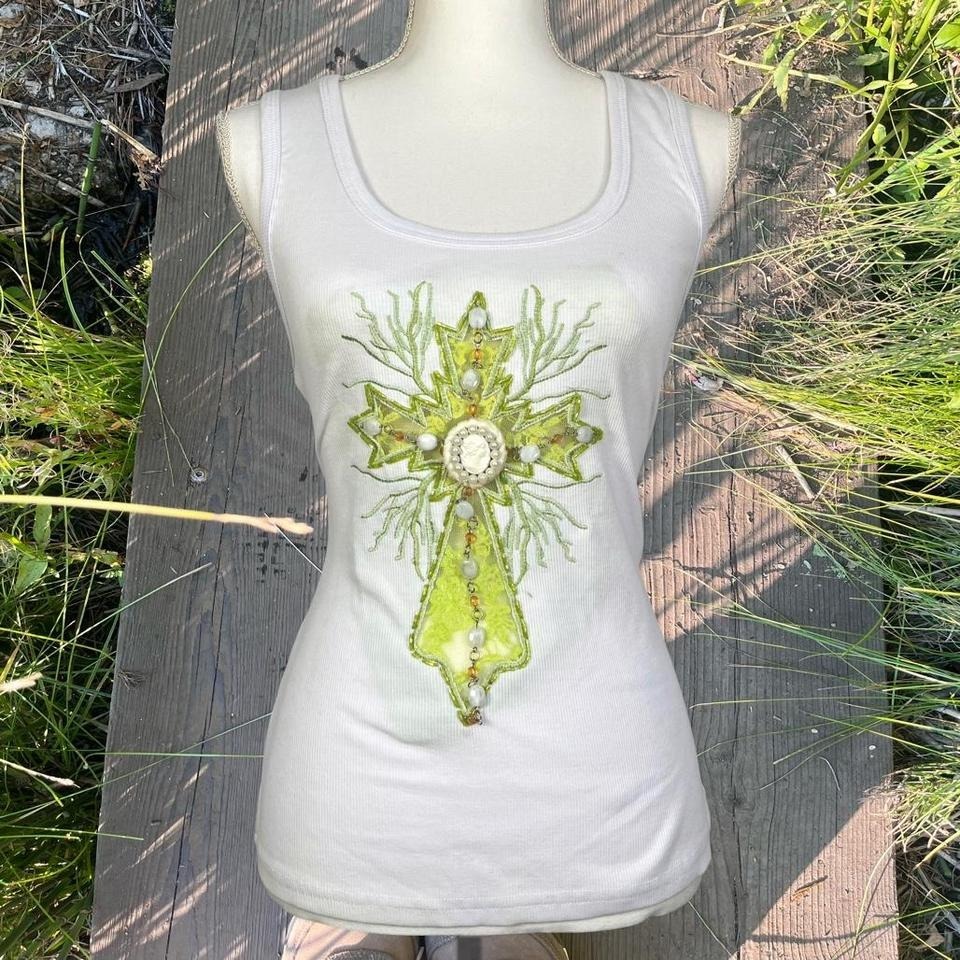 Oh Yes Vintage Y2k Beaded Cross Lace White Tank